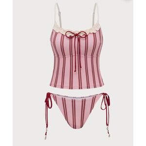Samiol Pink Striped Tankini Set Ruffle Cami Top Side Tie Bikini Bottoms Small